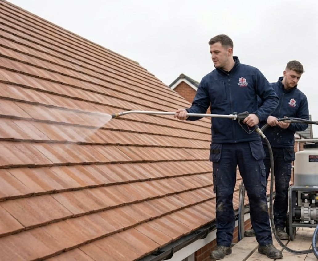Renotec roof coating being applied to protect UK roof tiles.