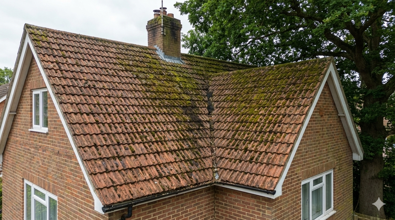 UK tiled roof showing signs of ageing, moss and weather exposure.