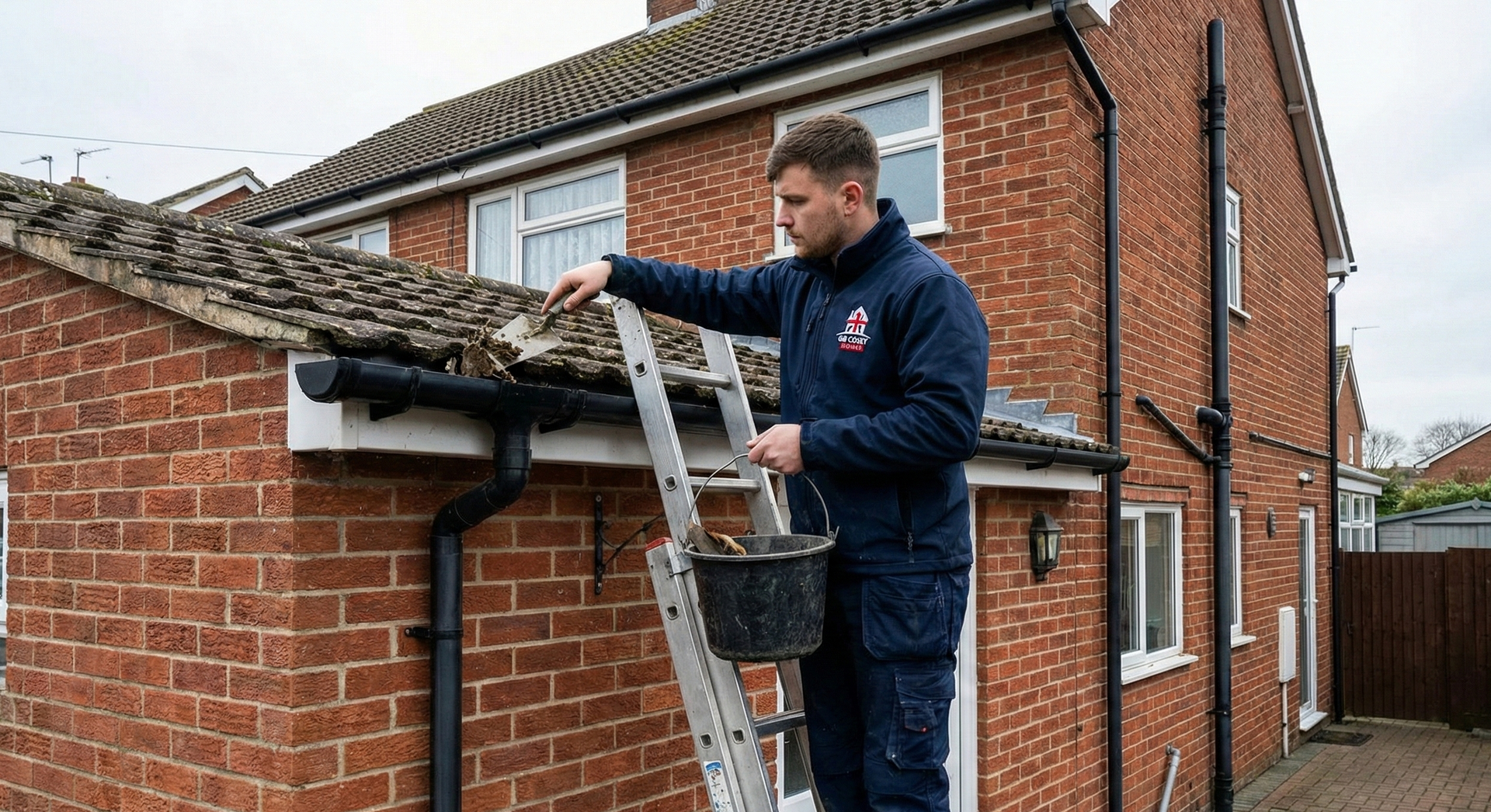 Professional gutter cleaning carried out safely on a UK home
