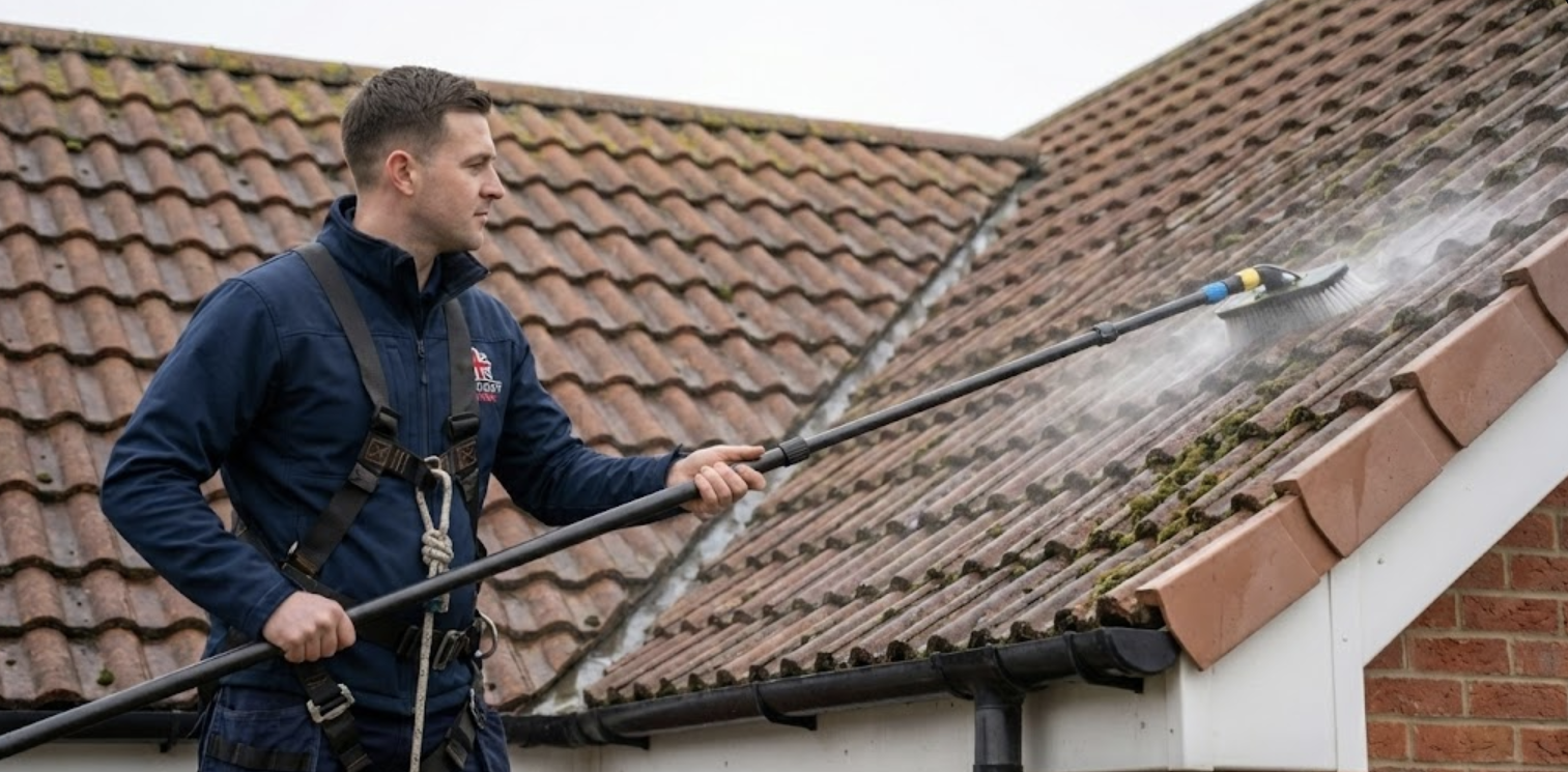 Professional roof cleaning carried out safely on a UK home.