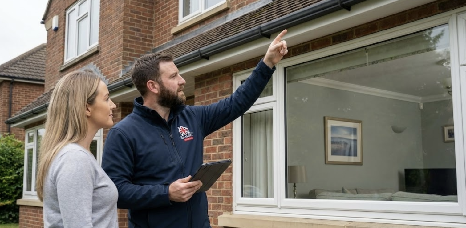 Tradesperson discussing multiple home improvement services with a UK homeowner.
