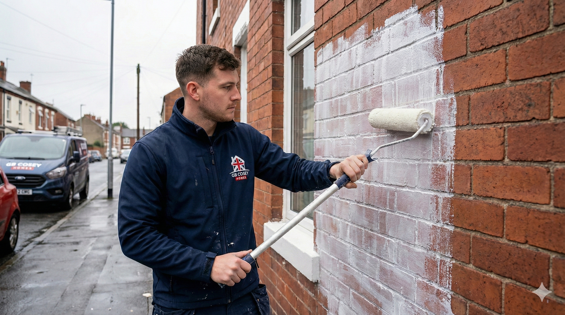 Stormdry masonry protection applied to UK brickwork for damp prevention.
