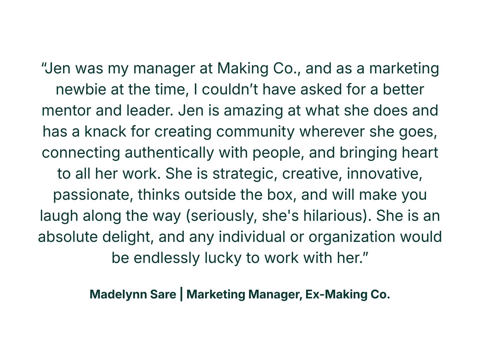 Testimonial about Jen, a manager. Text reads: 