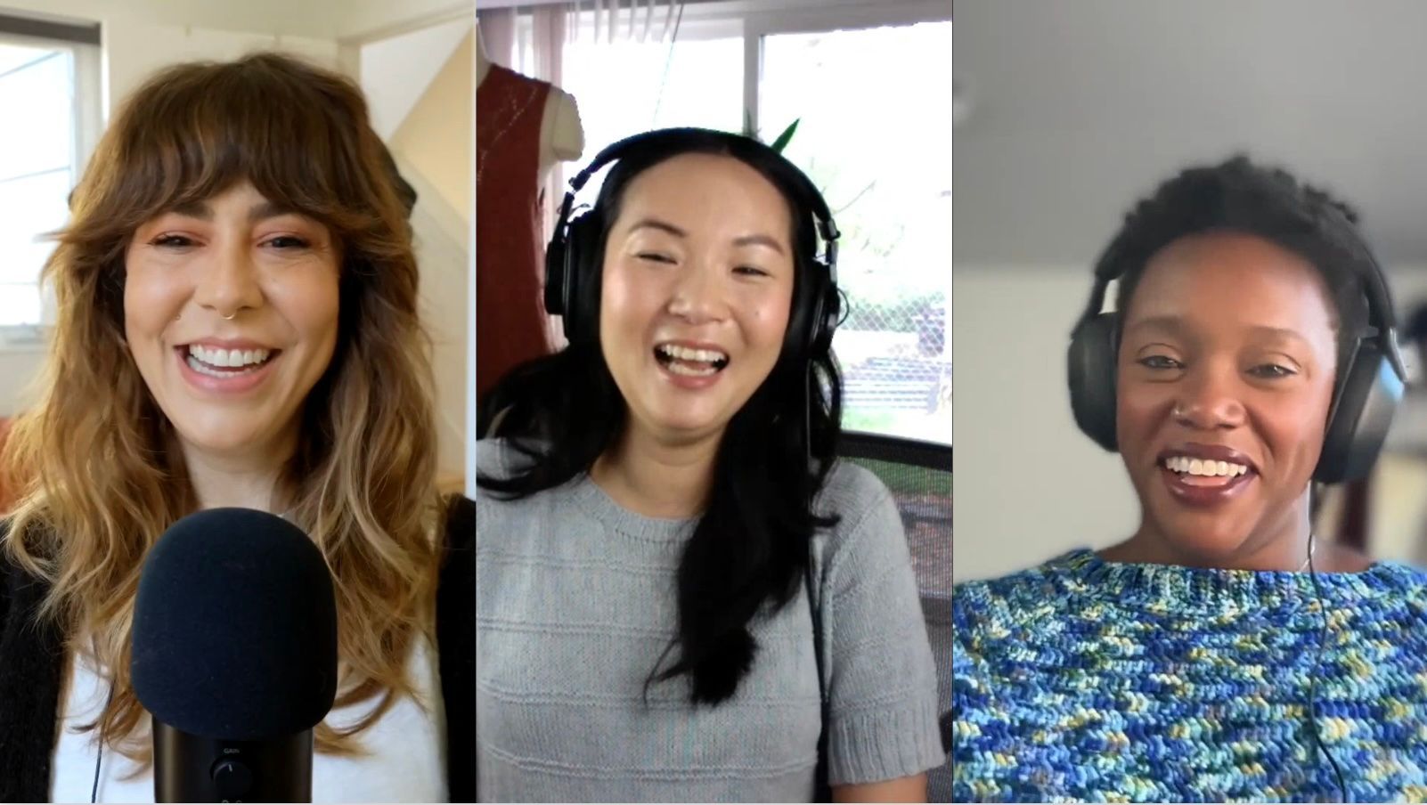 Three people on a video call, smiling and wearing headphones.