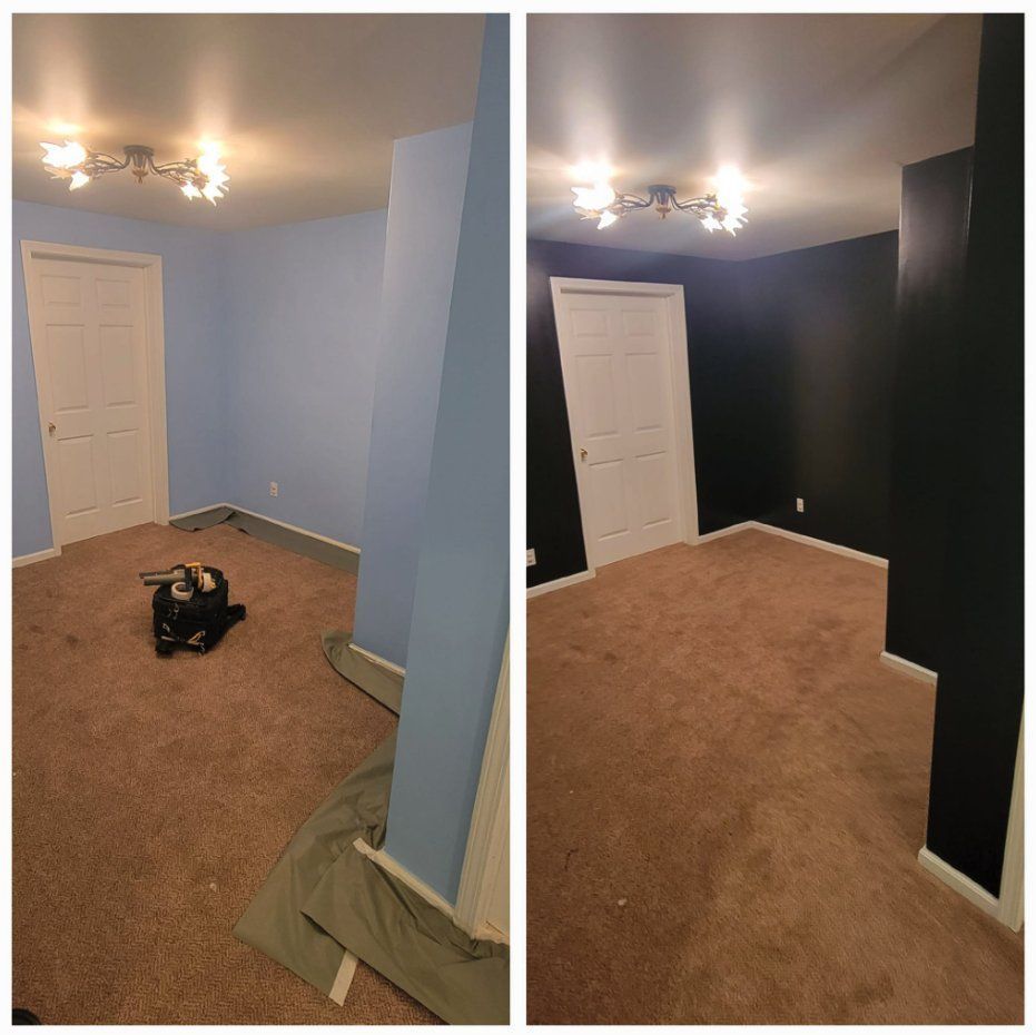 Room makeover comparison: left light blue room with tools; right same room painted dark gray.