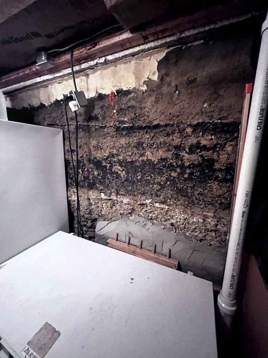 Basement wall showing layers of dark soil and construction materials, with white drywall leaning nearby.