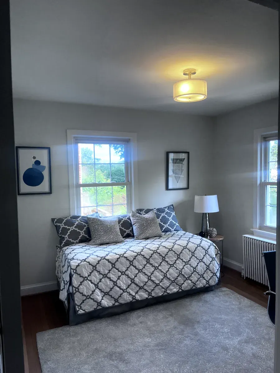 Bedroom with daybed, two windows, and framed artwork. Grey and white bedding, grey rug.