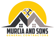 Logo of Murcia and Sons General Contractors: two house silhouettes with crossed hammers, yellow sun, and text.
