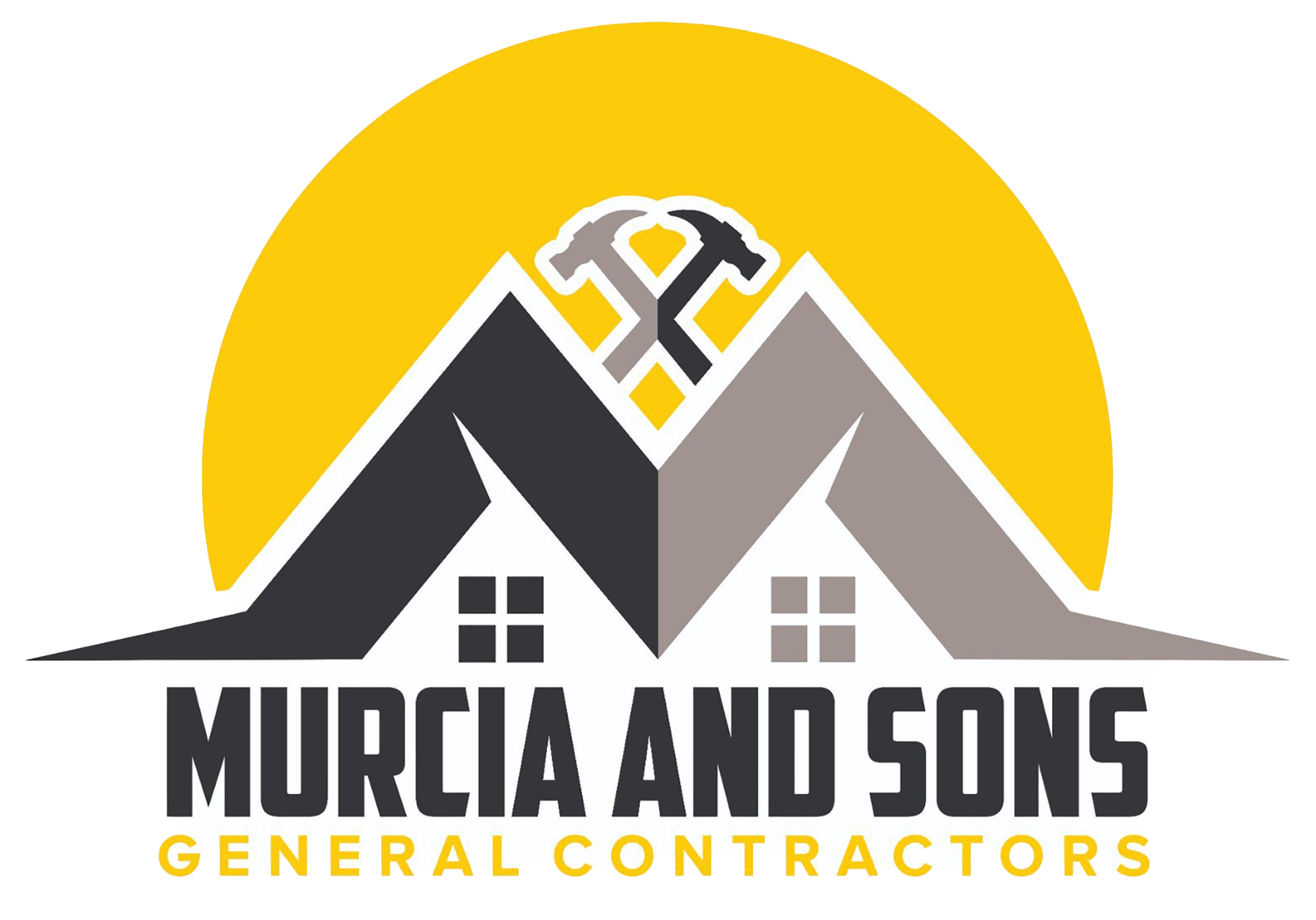 Logo of Murcia and Sons General Contractors: two house silhouettes with crossed hammers, yellow sun, and text.