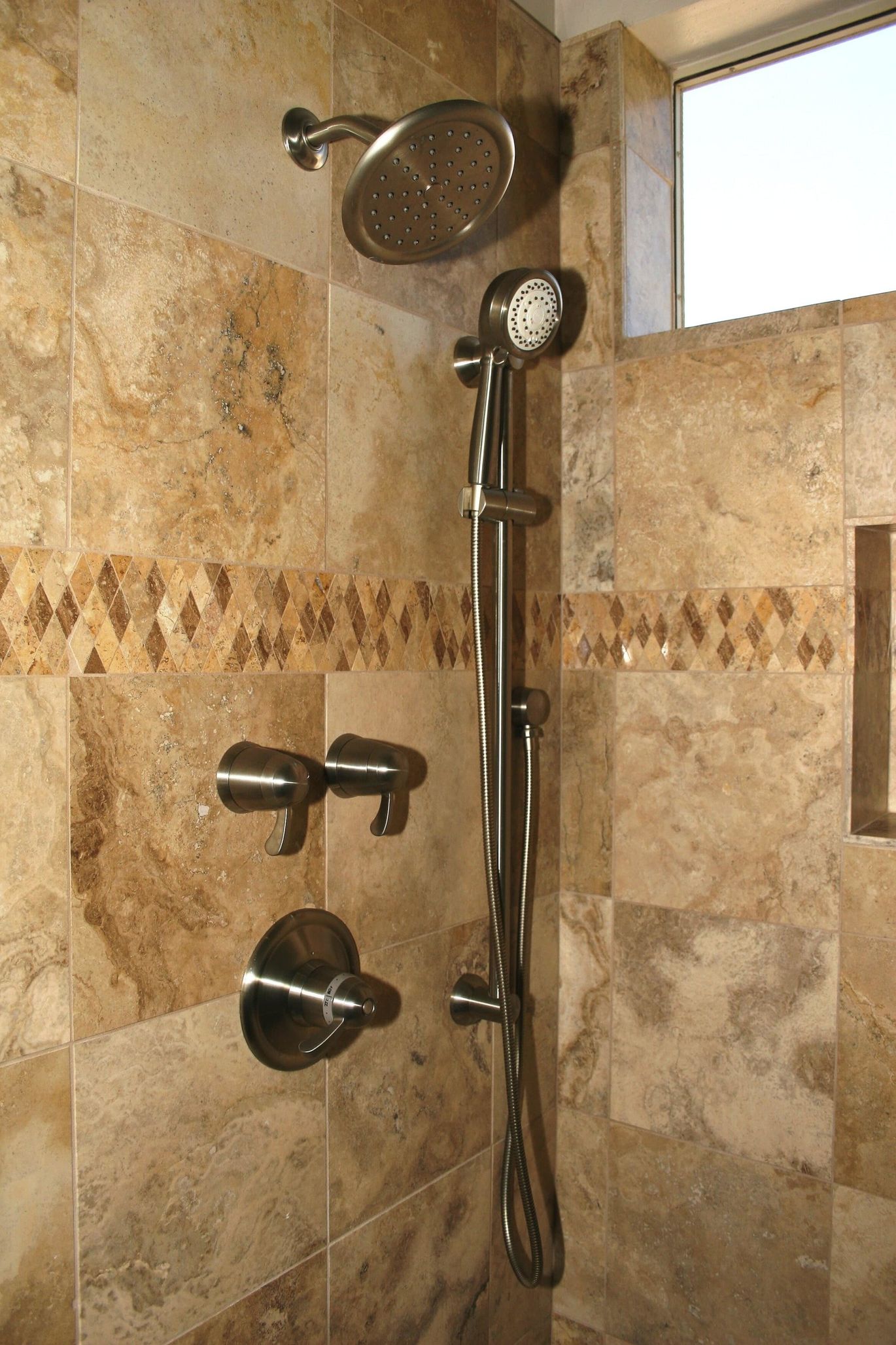 Travertine Tile shower remodel with plumbing fixtures & hand held Peoria AZ 1-min