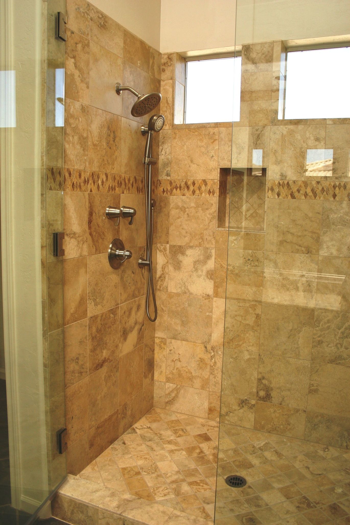 Travertine Tile shower remodel with plumbing fixtures & hand held Peoria AZ 2-min