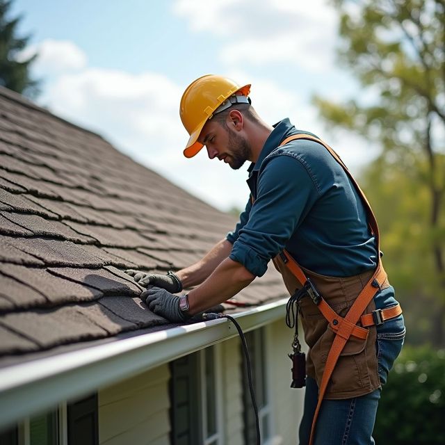Roofer in hard hat and safety harness working on a residential roof, inspecting the gutter.