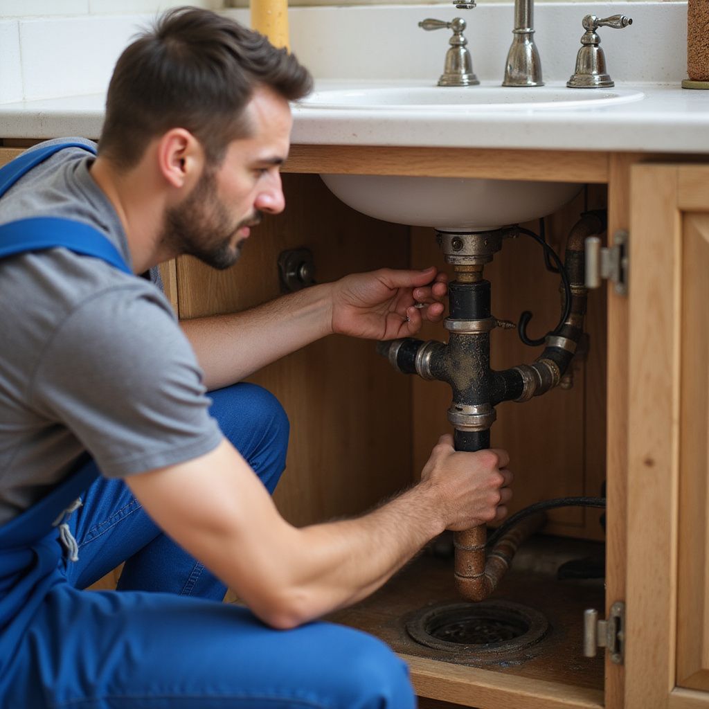 Plumber fixing a sink drain under a bathroom cabinet.