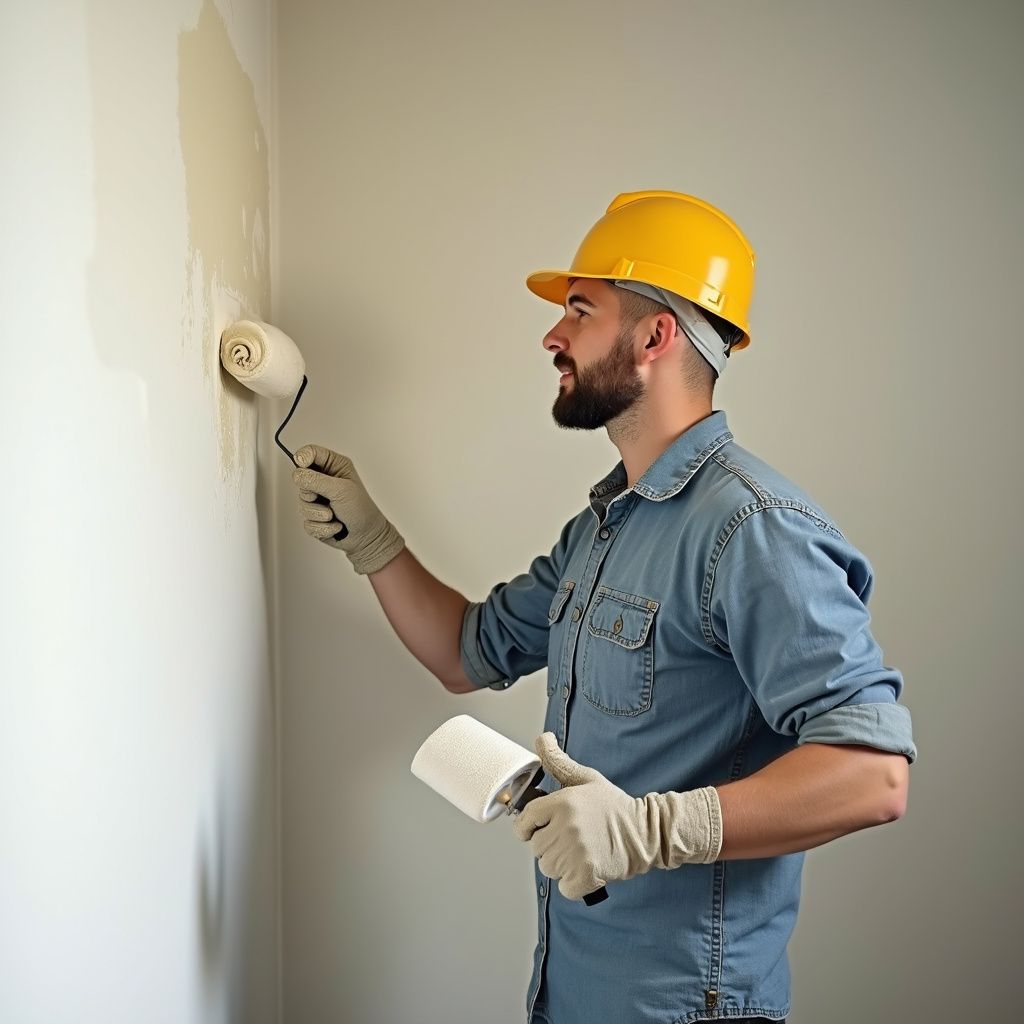 Man with a beard in a yellow hard hat painting a wall with a roller; indoor setting.