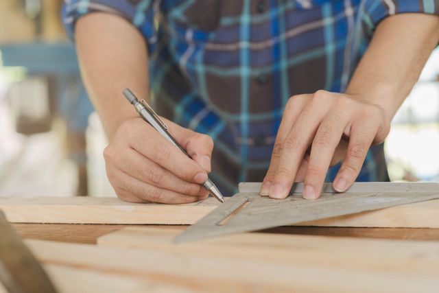 Person using a pencil and square ruler to mark wood on a wooden workbench.