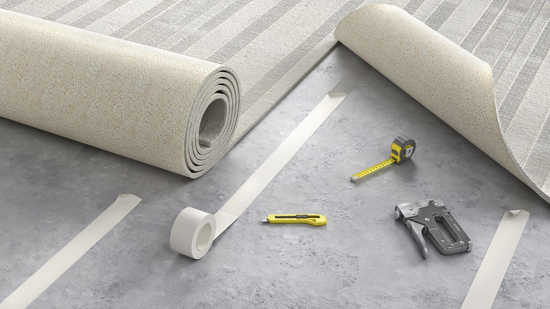A roll of carpet is being installed on a concrete floor.