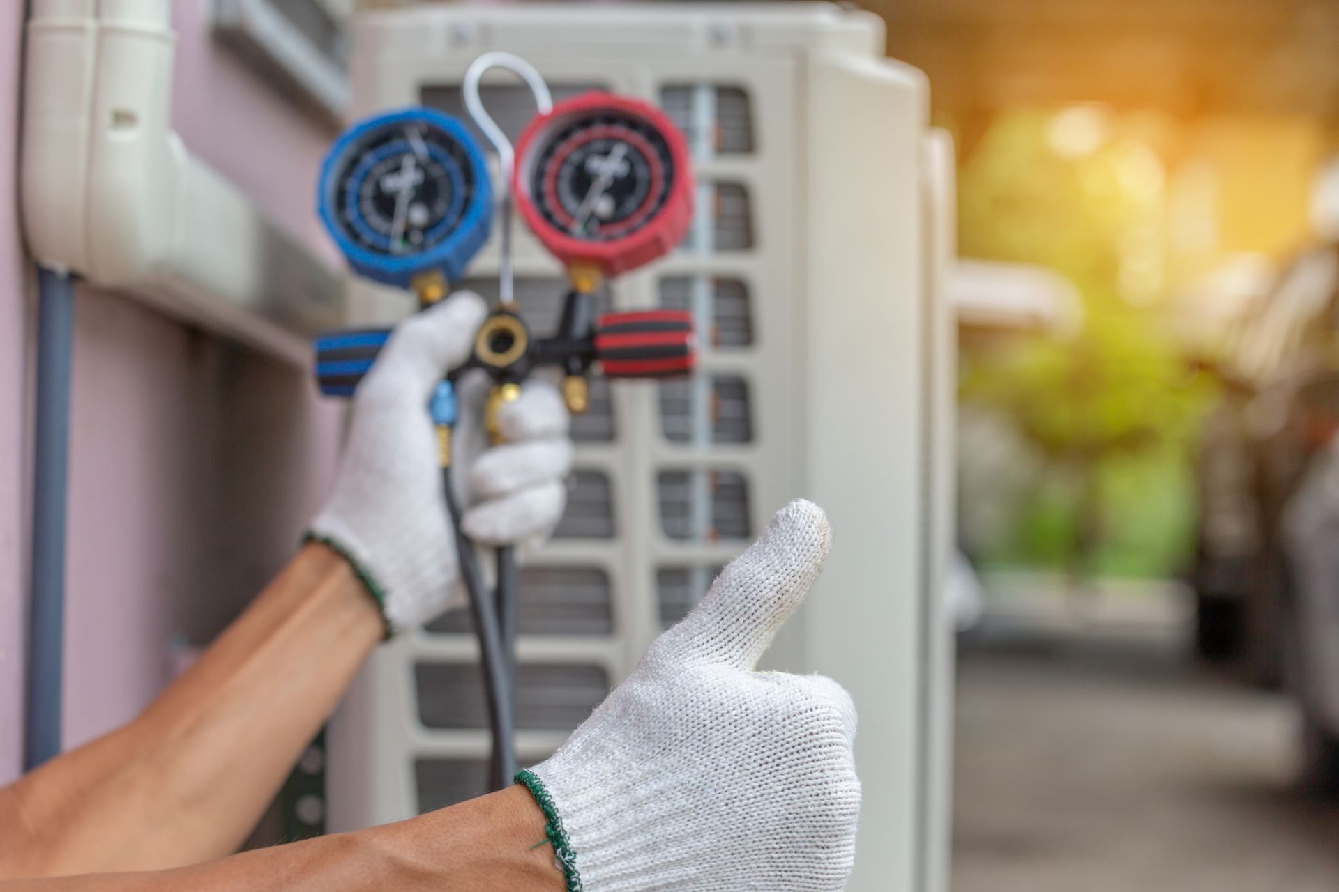 Close-up of air conditioning repairman showcasing HVAC repair contractor fixing AC system.