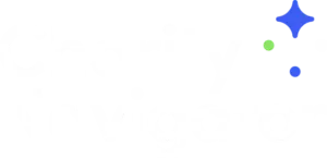 Logo with white text and blue star and dots.