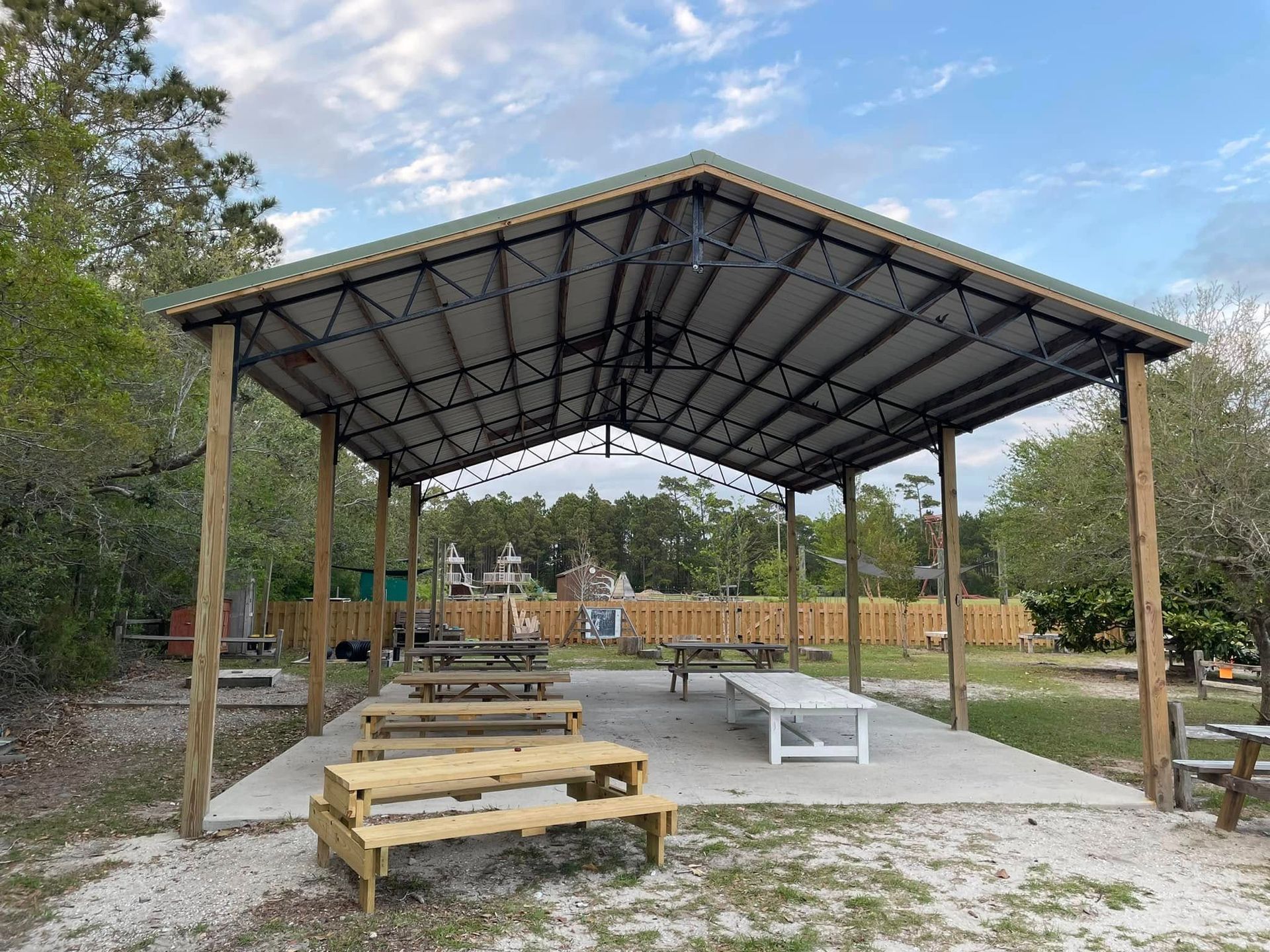 A picnic area with tables and benches under a covered shelter.