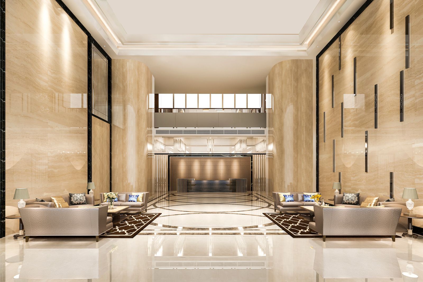 A large lobby of a hotel with a marble floor and a couch.