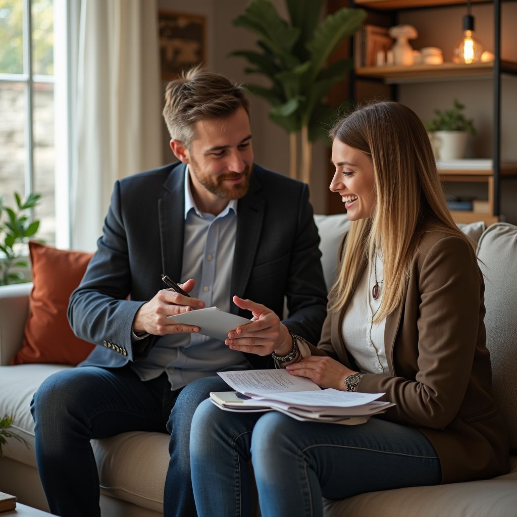 Man and woman on a couch reviewing documents. Smiling, in a living room setting.