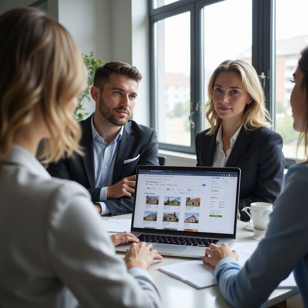 Four people in business attire looking at a laptop displaying houses in an office.