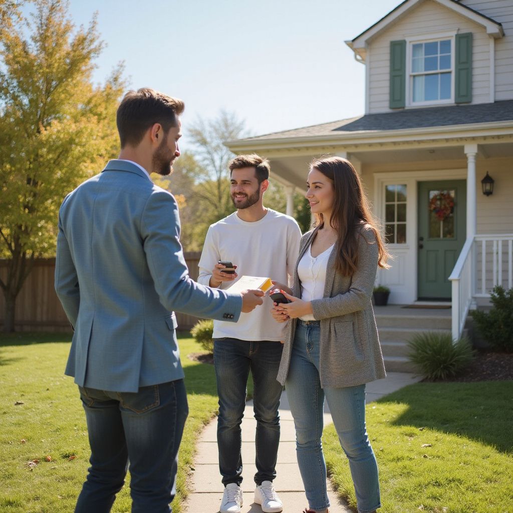 Real estate agent handing keys to a couple in front of a house on a sunny day.