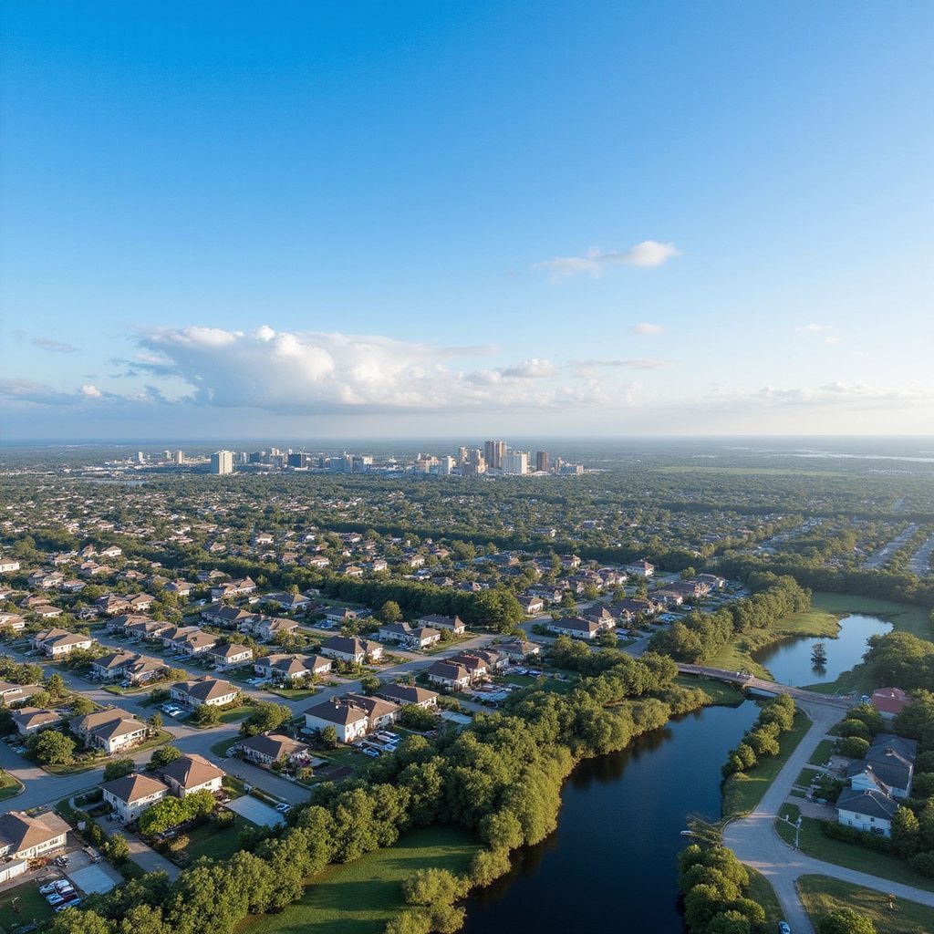 Aerial view of a suburban neighborhood with a river and cityscape in the distance under a blue sky.