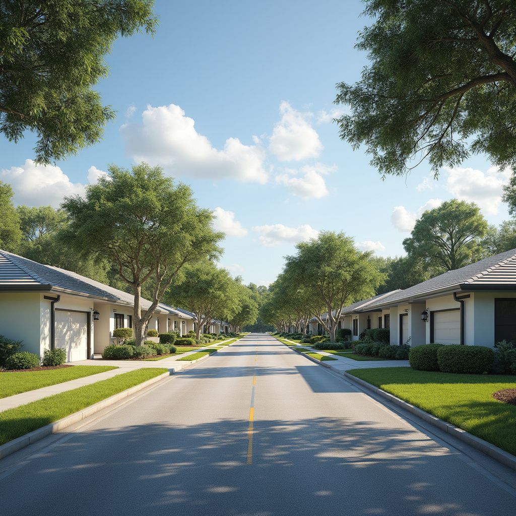 Street lined with houses, green lawns, and trees, under a blue sky with white clouds.