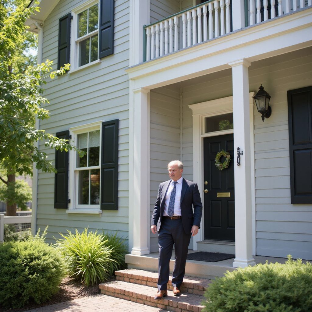 Man in a suit exits a two-story house with a porch and black door; gray siding, bushes, bright day.