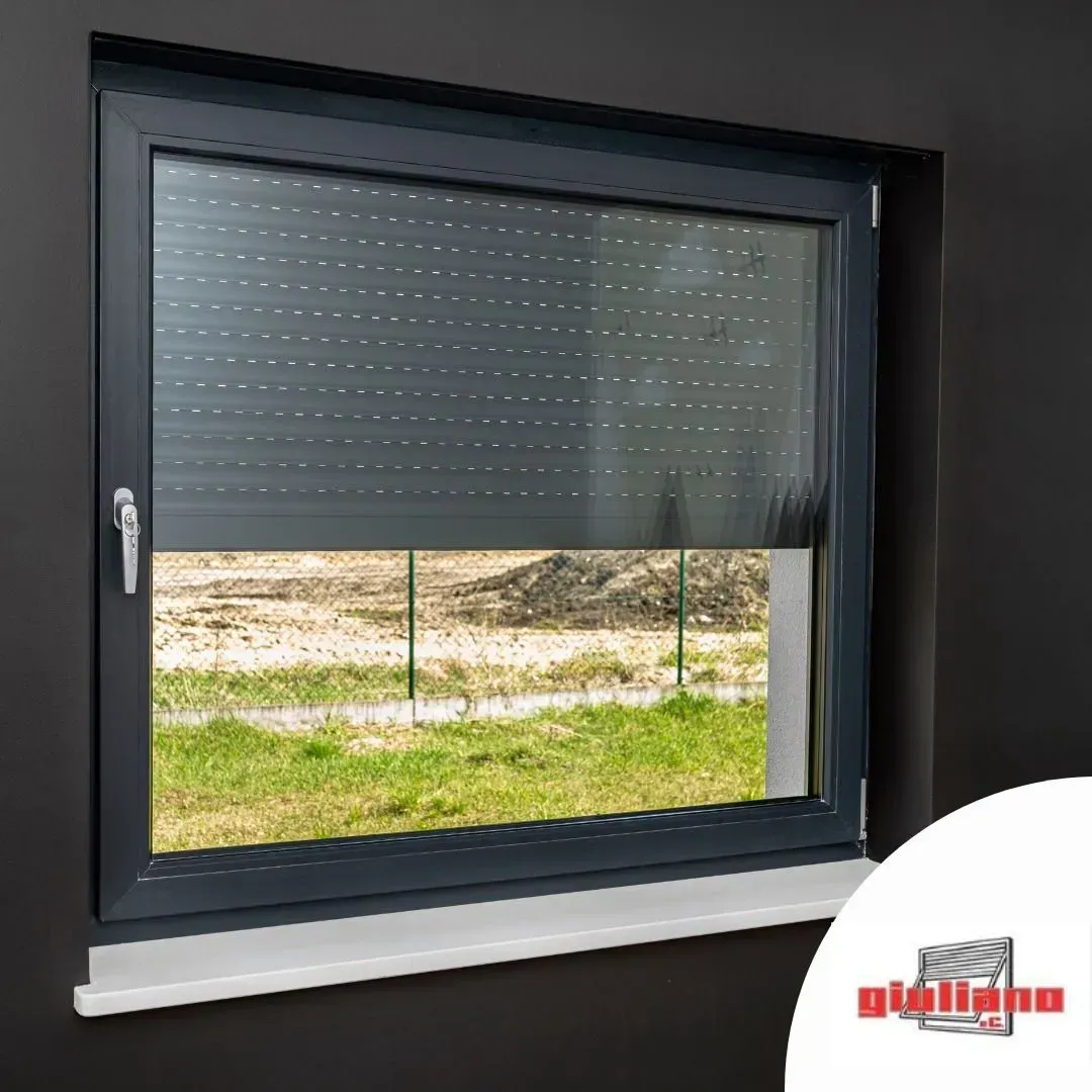 Finestra con cornice scura e persiane grigie parzialmente abbassate, che rivela un paesaggio erboso all'aperto.