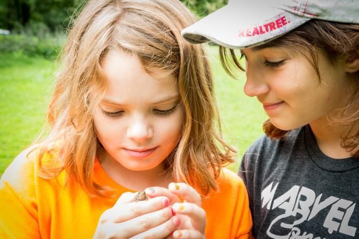 A boy and a girl are looking at a bug in their hands.