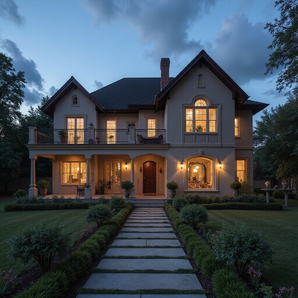 Two-story house at dusk in Zimbabwe with lit windows, stone path, dark wooden door, and manicured green lawn