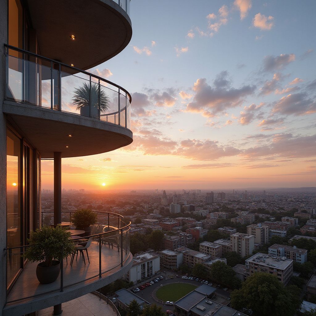 Zimbabwean city buildings and balconies under vibrant evening sky