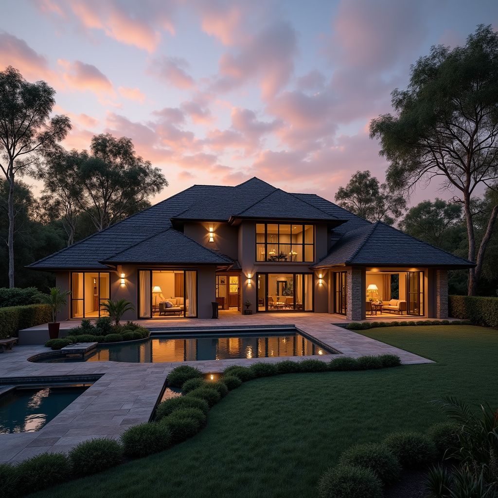 Zimbabwean residential property with pool and landscaped grounds at sunset