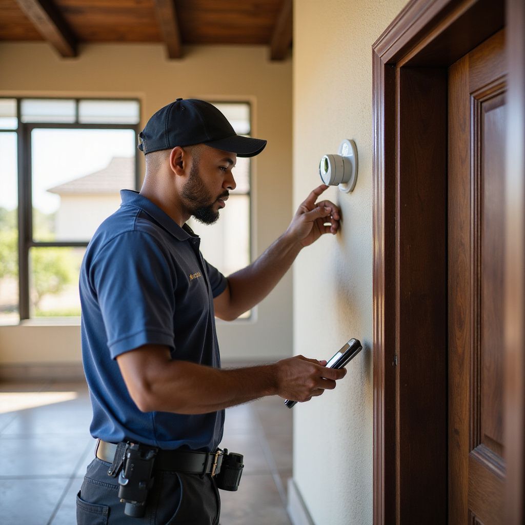 Technician adjusting thermostat indoors in luxury Zimbabwean home
