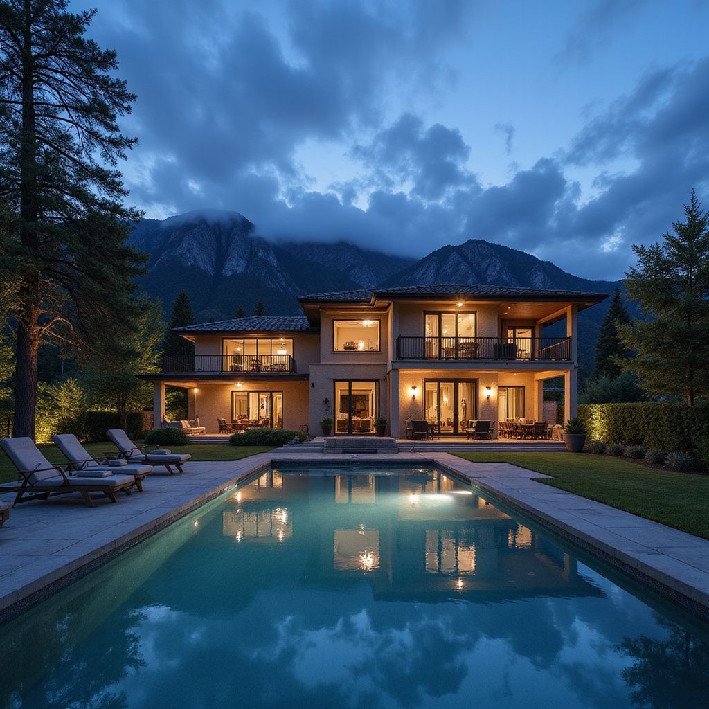 Upscale property in Zimbabwe with illuminated pool, scenic mountains, and landscaped grounds