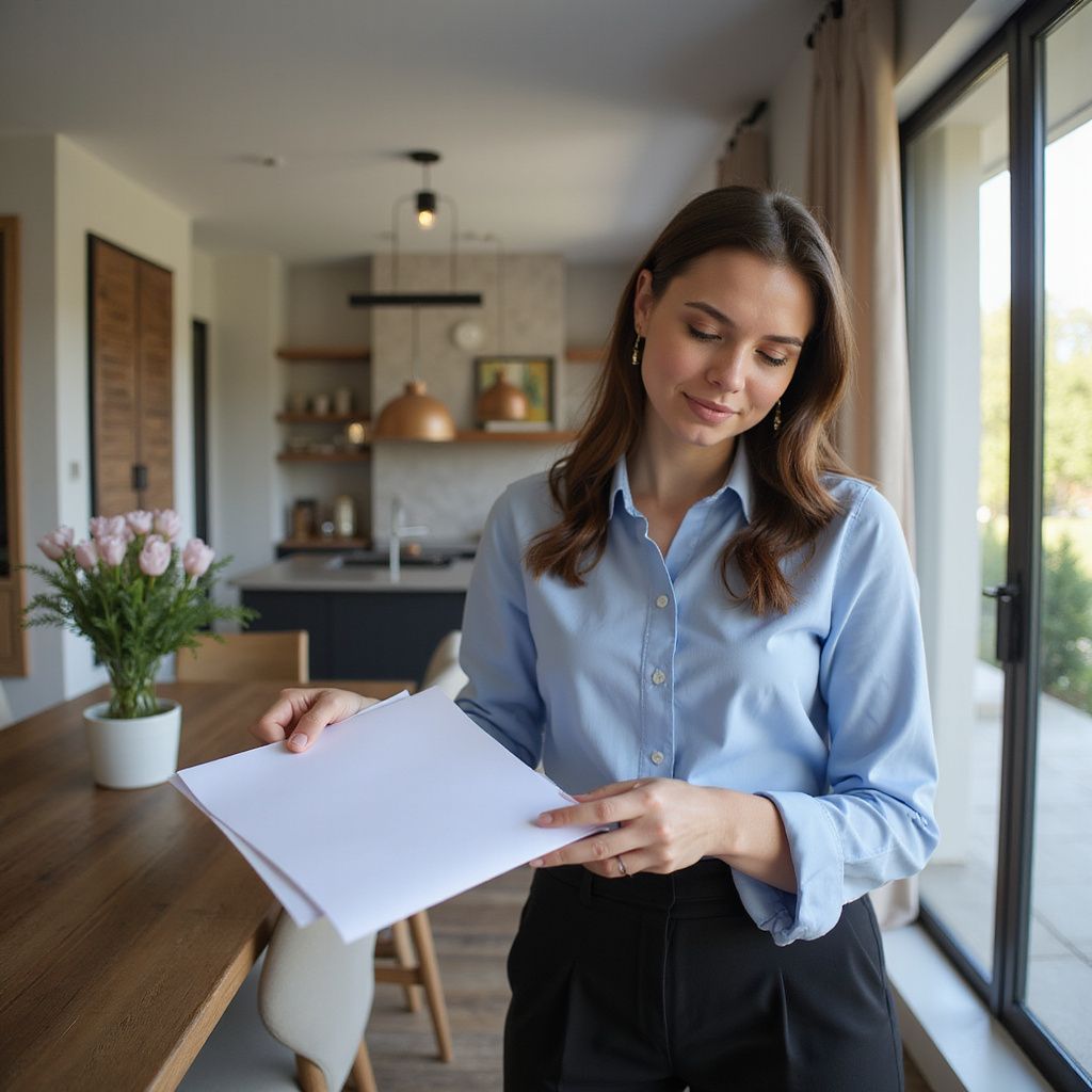Professional woman inspecting luxury residential interior with kitchen and dining area in Zimbabwe