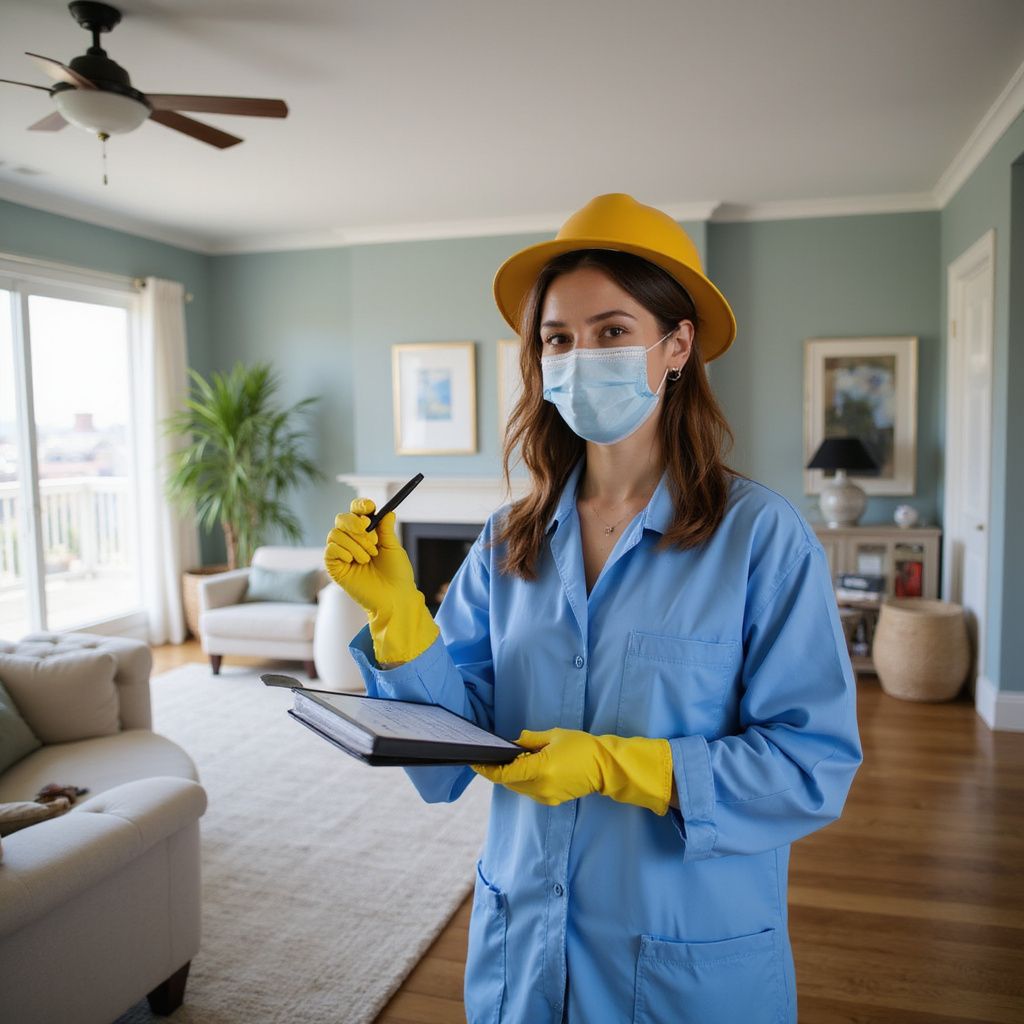 Professional woman in protective gear reviewing property details in upscale home in Zimbabwe