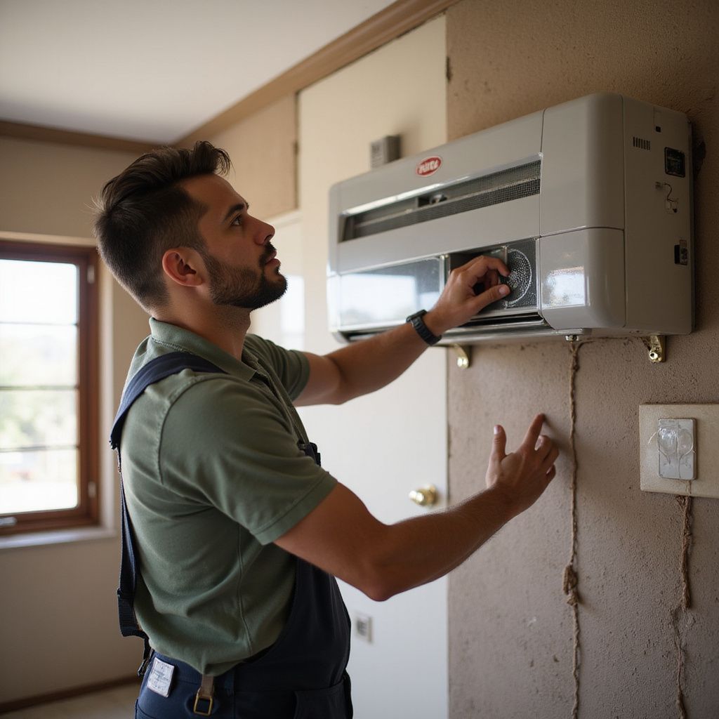 HVAC technician adjusting air conditioner in residential property in Zimbabwe