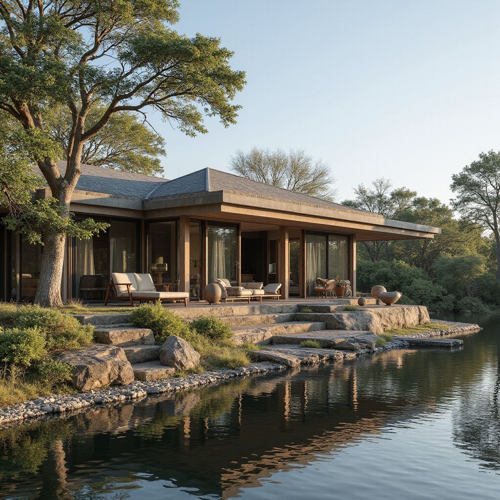 A lakeside modern house with a stone patio, surrounded by trees and calm water.