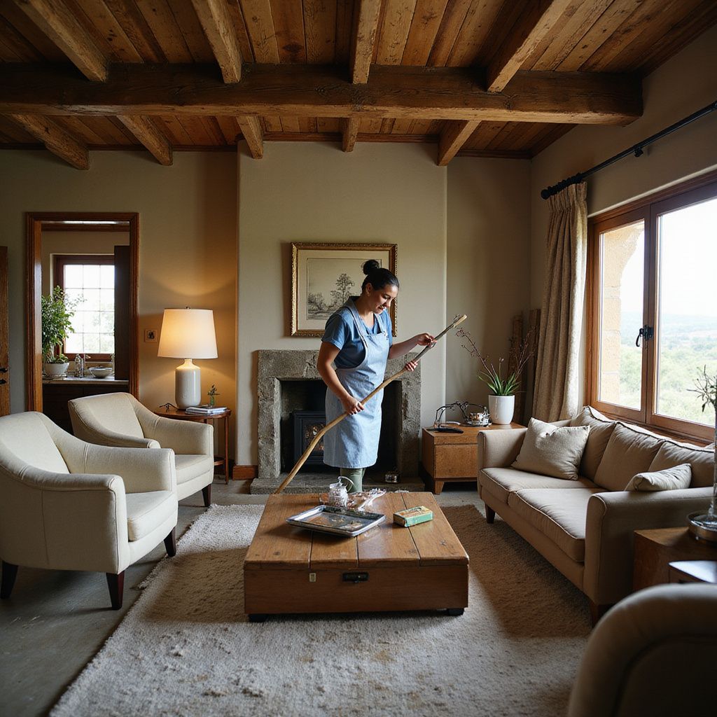 Woman maintaining a cozy living room featuring stone fireplace and cream seating in Zimbabwe
