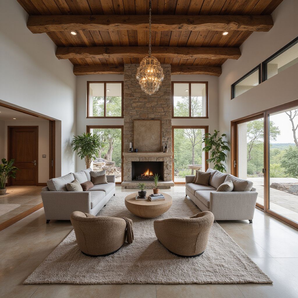 Modern living room in Zimbabwe with natural light, fireplace, and comfortable couches