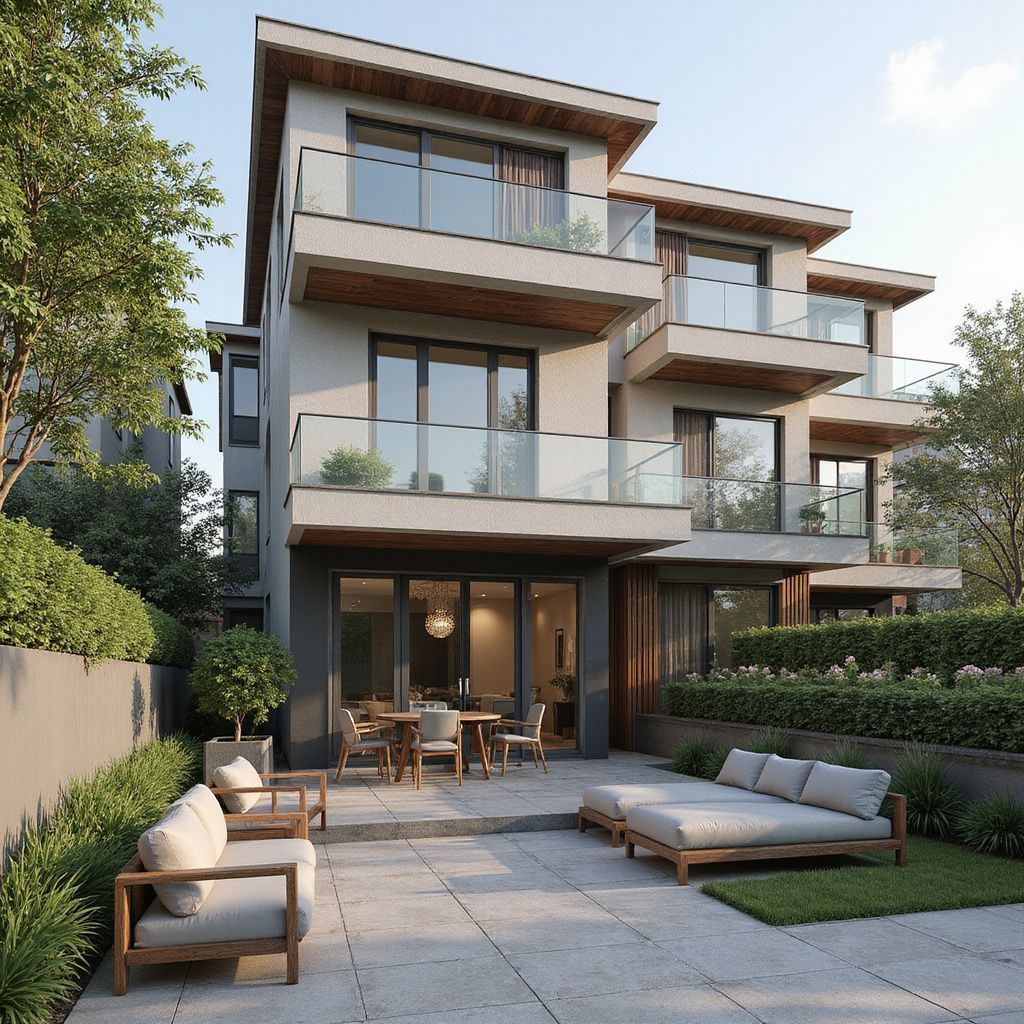 Modern townhouse exterior with landscaped yard and patio in Zimbabwe