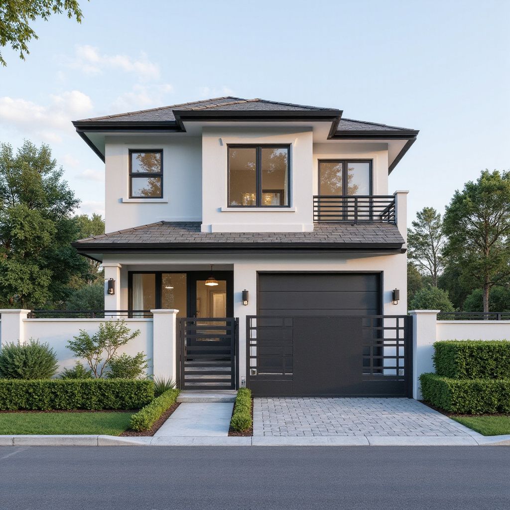 Luxury residential home in Zimbabwe featuring black trim, driveway, and landscaped lawn