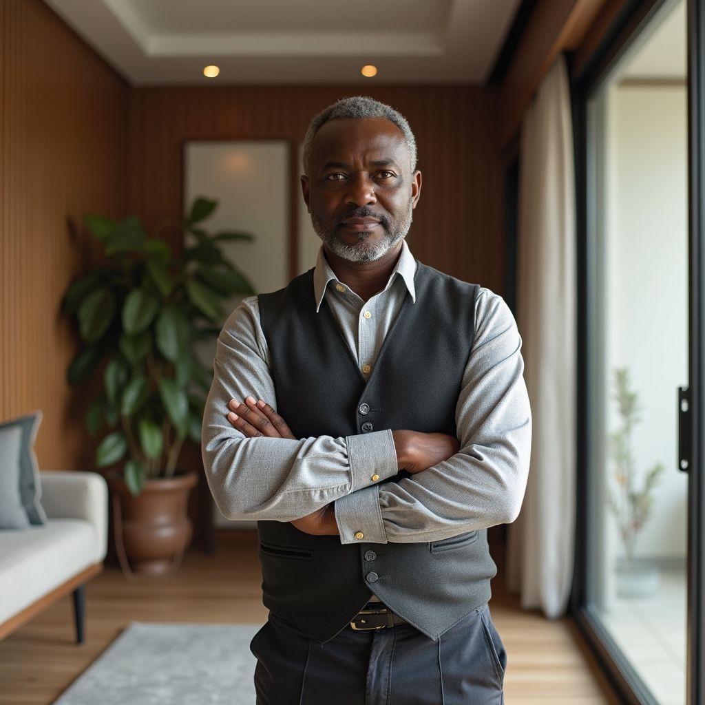 Professional staff member with crossed arms in upscale home interior in Zimbabwe