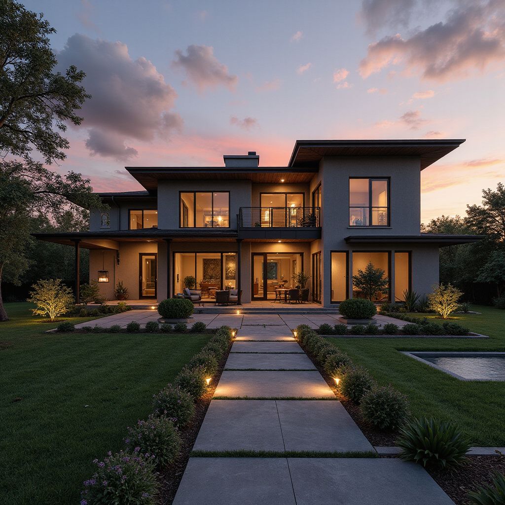Two-story luxury house at sunset in Zimbabwe with brick walkway and green lawn