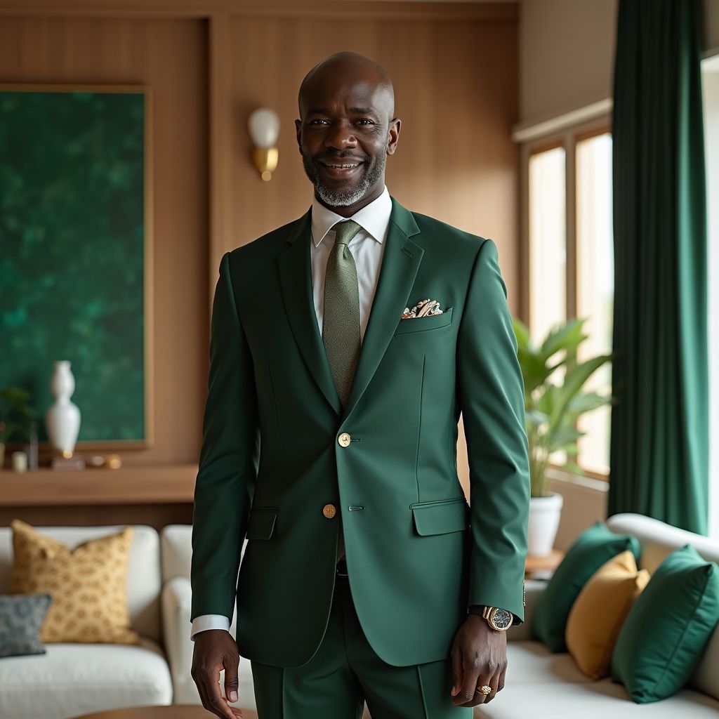 Smiling Black man wearing green suit in upscale Zimbabwean home interior