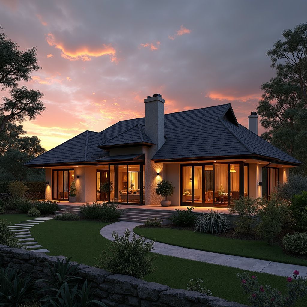 Luxury property in Zimbabwe featuring stone path, greenery, and evening interior lights