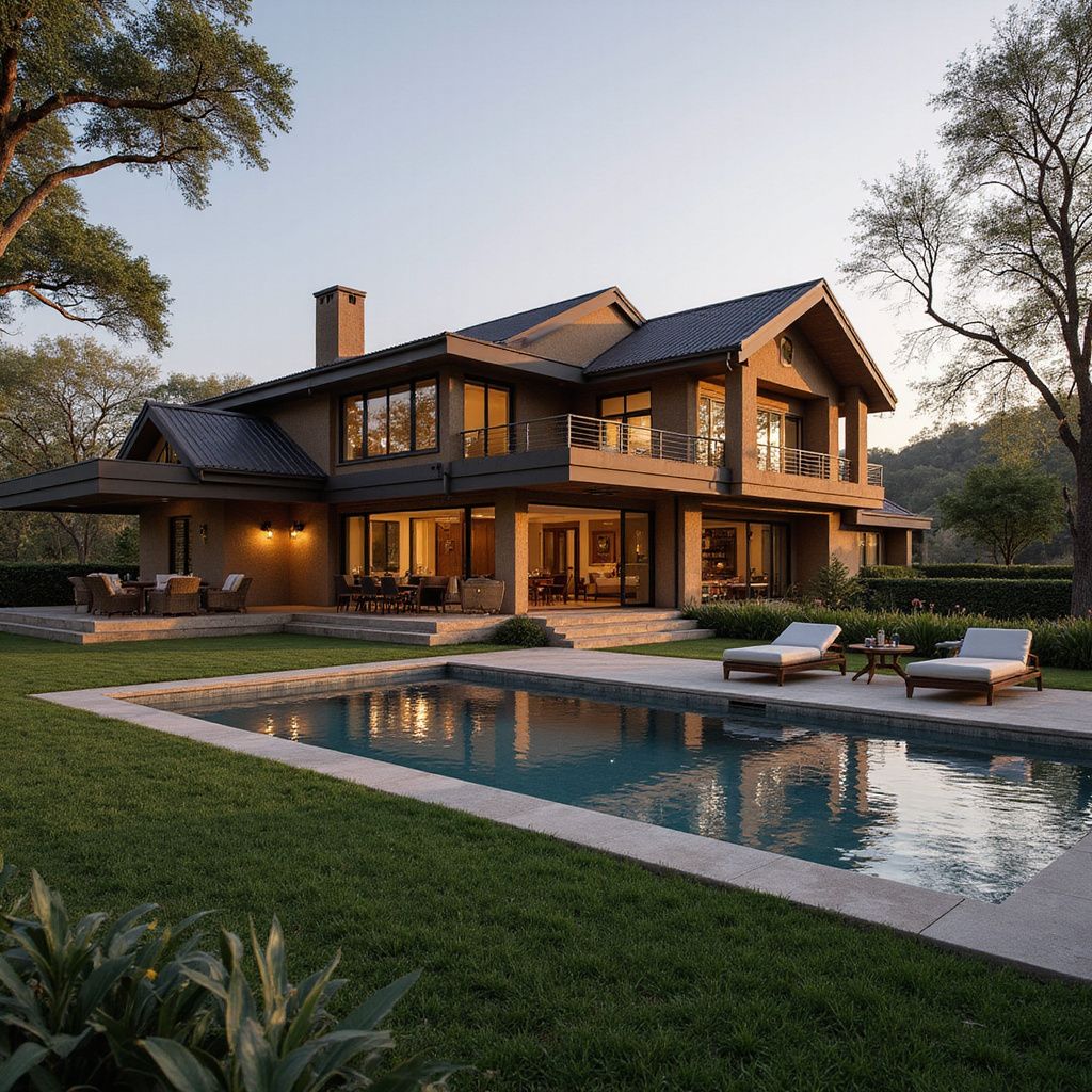 Spacious Zimbabwean house with swimming pool, trees, and manicured lawn under clear sky